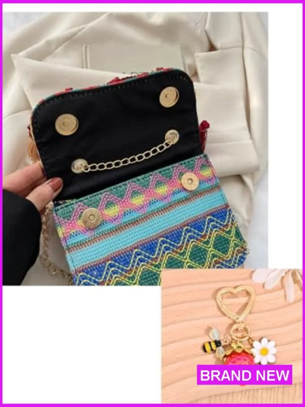 Boho Handwoven Crossbody Bag Gold Chain Tassel Strawberry Keychain Summer - Picture 6 of 7